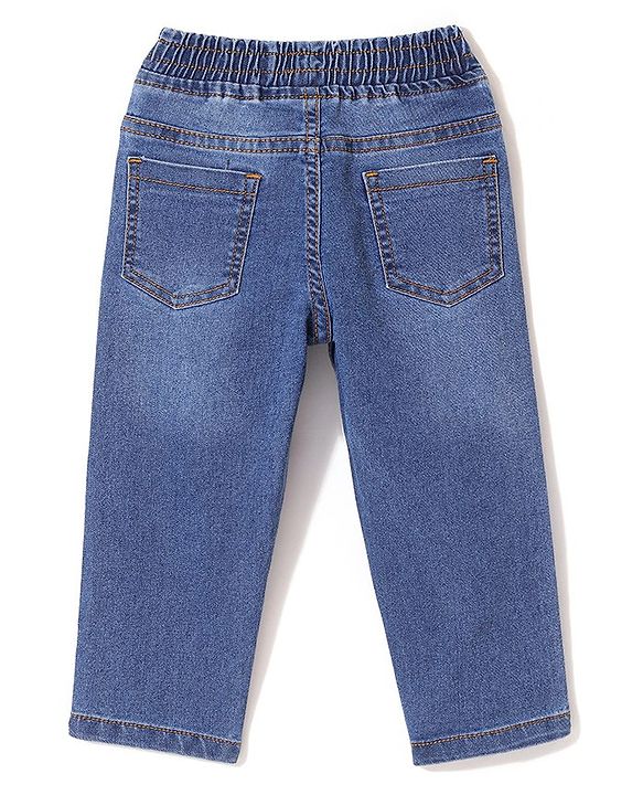 Babyhug Cotton Spandex Full Length Washed & Stretchable Denim Joggers with Draw-Cord Text Print - Blue