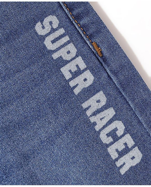 Babyhug Cotton Spandex Full Length Washed & Stretchable Denim Joggers with Draw-Cord Text Print - Blue