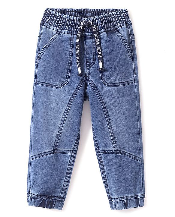 Babyhug Denim Full Length  With Stretch Washed  Joggers - Blue