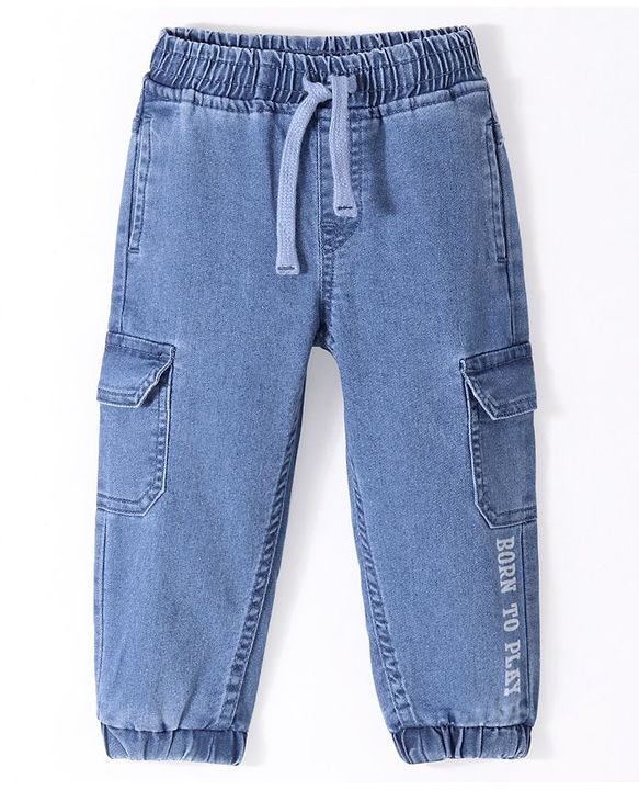 Babyhug Denim Full Length Joggers with Stretch & Text Printed - Blue
