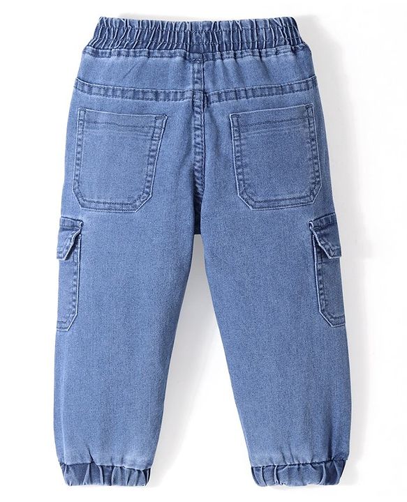 Babyhug Denim Full Length Joggers with Stretch & Text Printed - Blue