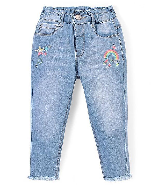 Babyhug Cotton Spandex Full Length Stretchable Denim Jeans with Rainbow Embroidery - Blue