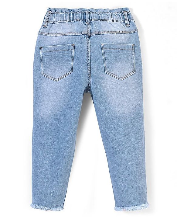 Babyhug Cotton Spandex Full Length Stretchable Denim Jeans with Rainbow Embroidery - Blue