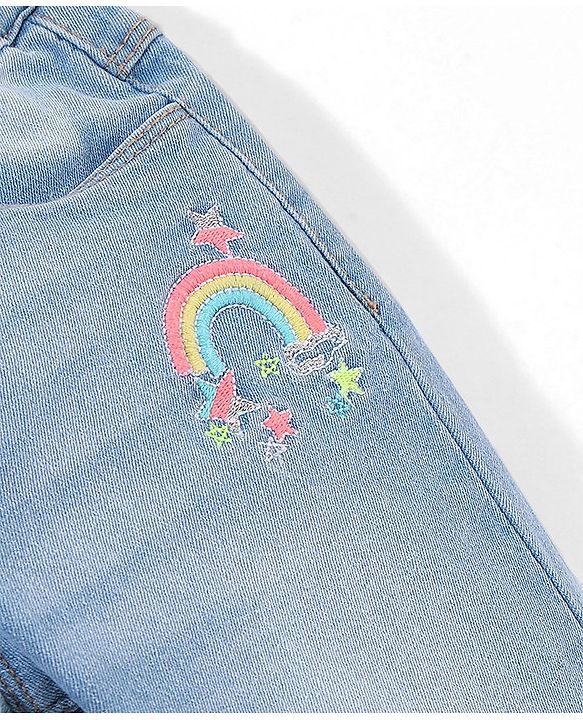 Babyhug Cotton Spandex Full Length Stretchable Denim Jeans with Rainbow Embroidery - Blue
