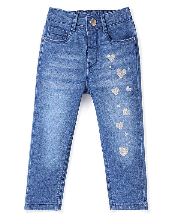 Babyhug Denim Washed  Full Length Stretchable  Jeans with Heart Patch  -Blue