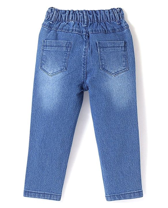 Babyhug Denim Washed  Full Length Stretchable  Jeans with Heart Patch  -Blue