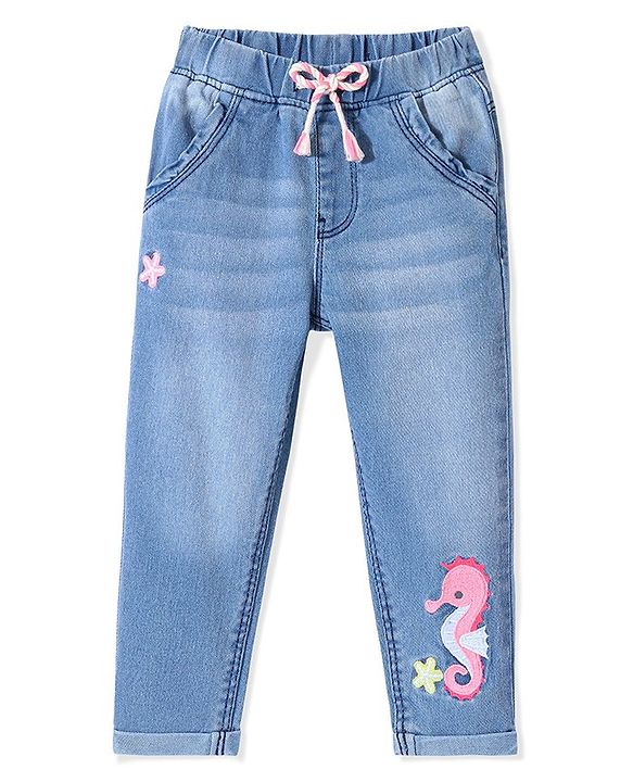 Babyhug Denim Washed  Full Length Stretchable  Jeans with Star & Seahorse Embroidery -Blue