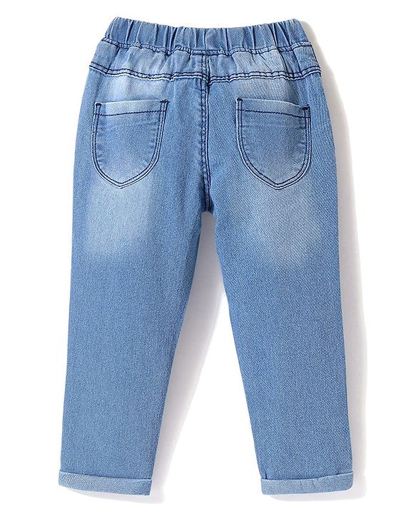 Babyhug Denim Washed  Full Length Stretchable  Jeans with Star & Seahorse Embroidery -Blue