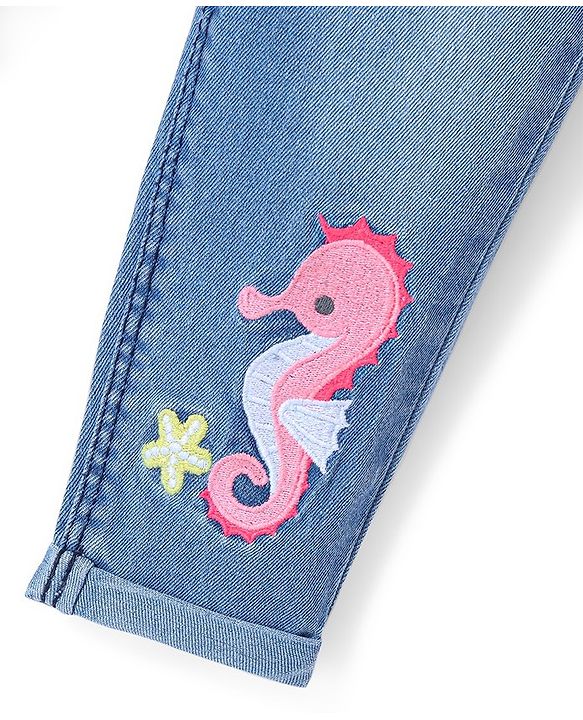 Babyhug Denim Washed  Full Length Stretchable  Jeans with Star & Seahorse Embroidery -Blue