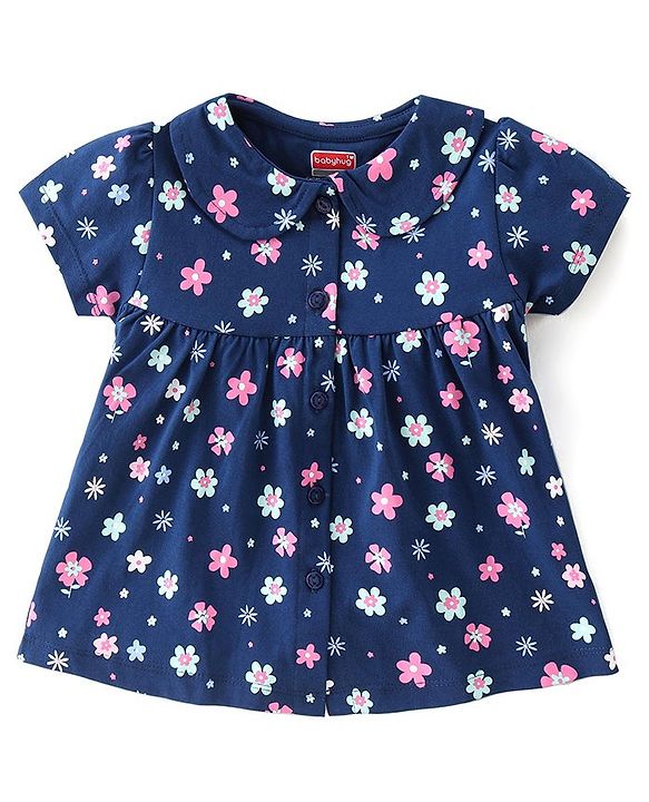 Babyhug Single Jersey Knit Half Sleeves Floral Print Night Suit - Blue