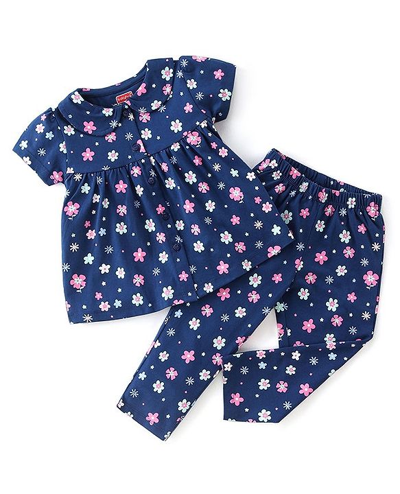 Babyhug Single Jersey Knit Half Sleeves Floral Print Night Suit - Blue
