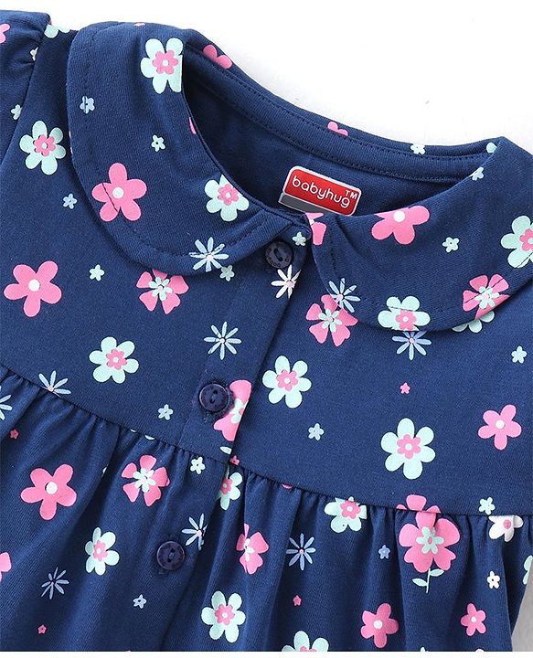 Babyhug Single Jersey Knit Half Sleeves Floral Print Night Suit - Blue