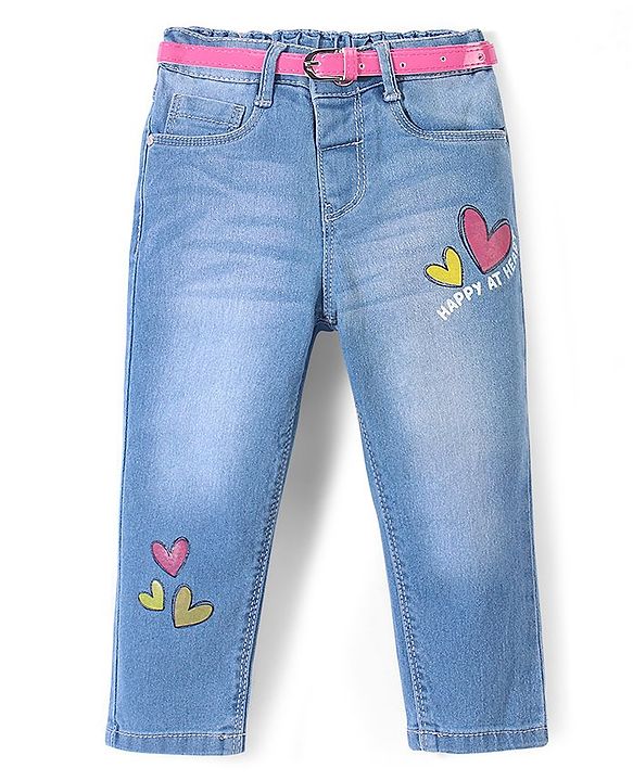 Babyhug Full Length Denim Jeans With Stretch Heart Print - Blue