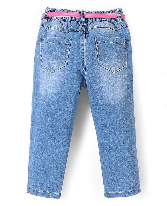 Babyhug Full Length Denim Jeans With Stretch Heart Print - Blue