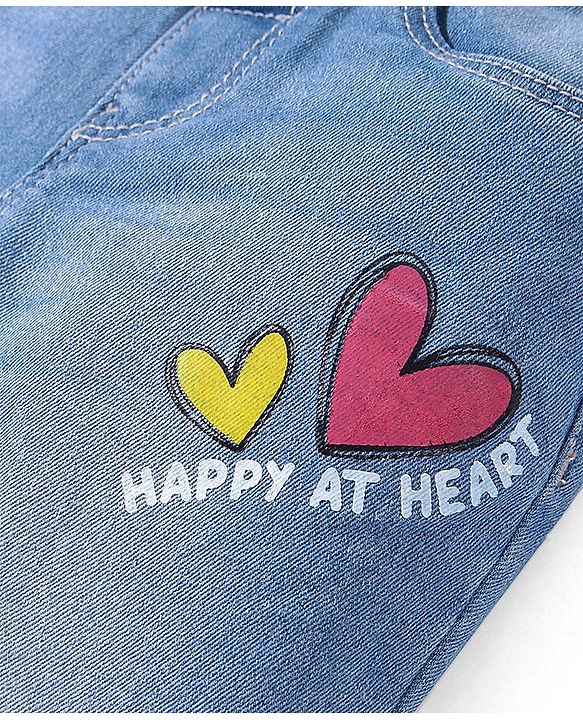 Babyhug Full Length Denim Jeans With Stretch Heart Print - Blue