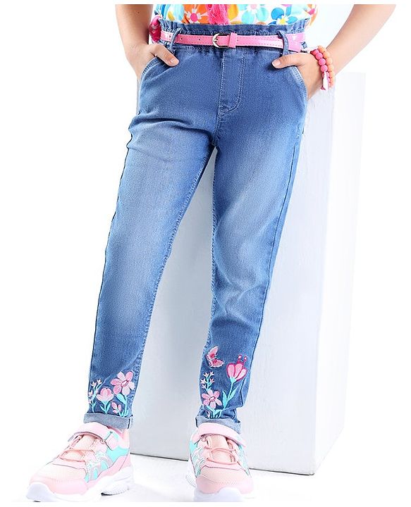 Babyhug Cotton Spandex Full Length Washed Stretchable Denim Jeans with Belt & Floral Embroidery - Blue