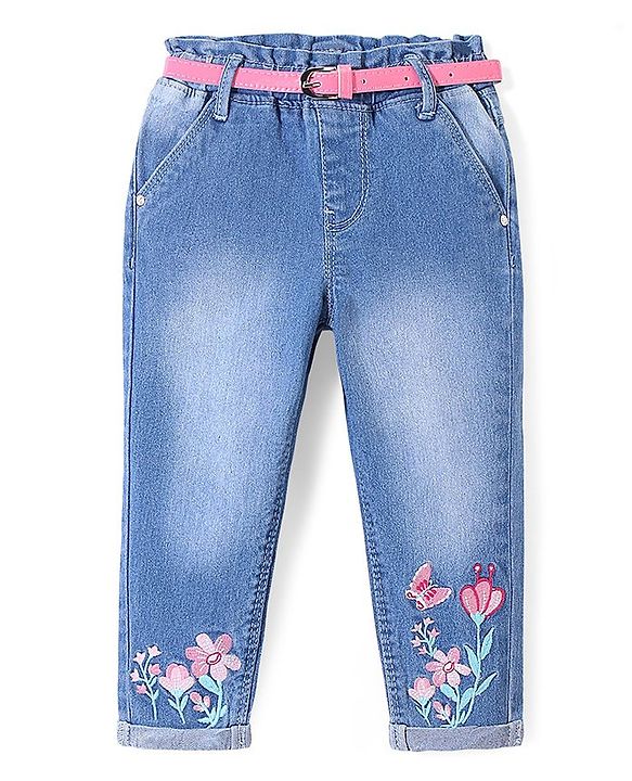 Babyhug Cotton Spandex Full Length Washed Stretchable Denim Jeans with Belt & Floral Embroidery - Blue