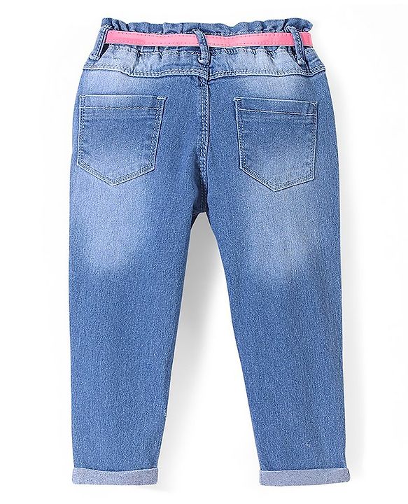 Babyhug Cotton Spandex Full Length Washed Stretchable Denim Jeans with Belt & Floral Embroidery - Blue