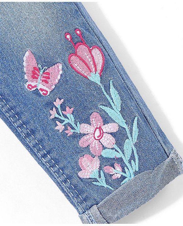 Babyhug Cotton Spandex Full Length Washed Stretchable Denim Jeans with Belt & Floral Embroidery - Blue
