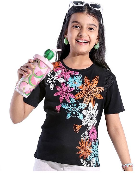 Pine Kids 100% Cotton Half Sleeves T-Shirt With Floral Print - Black
