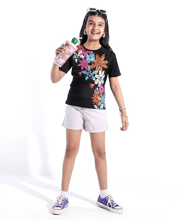 Pine Kids 100% Cotton Half Sleeves T-Shirt With Floral Print - Black