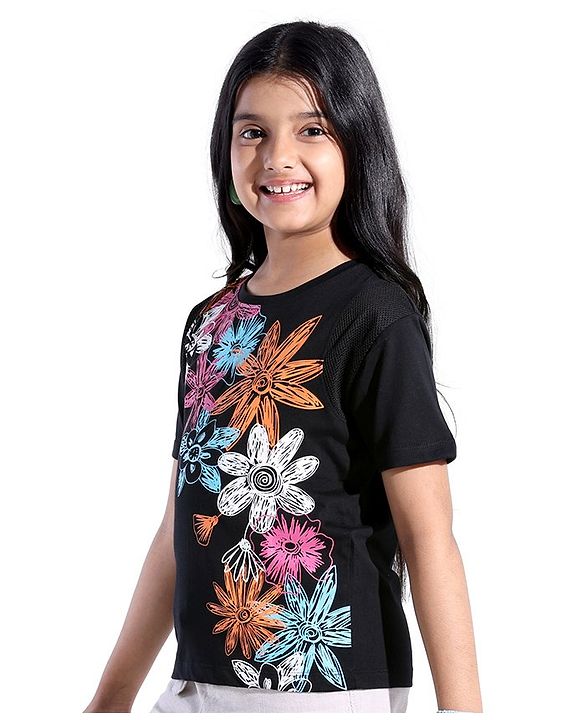 Pine Kids 100% Cotton Half Sleeves T-Shirt With Floral Print - Black