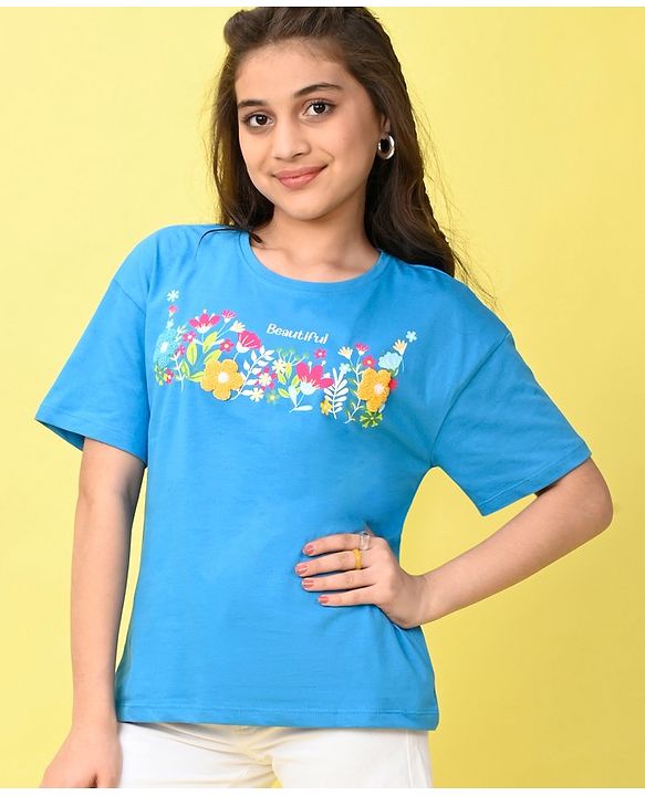 Pine Kids 100% Cotton Knit Half Sleeves T-Shirt With Floral Print & 3D Applique - Blue