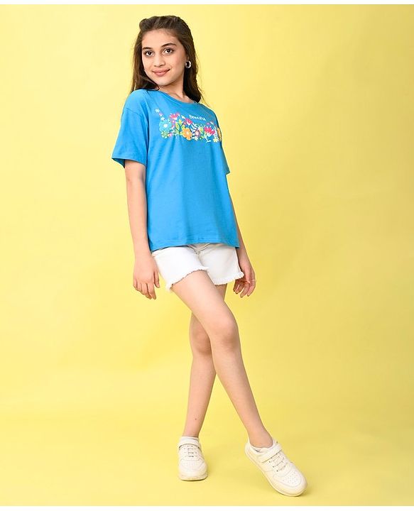 Pine Kids 100% Cotton Knit Half Sleeves T-Shirt With Floral Print & 3D Applique - Blue