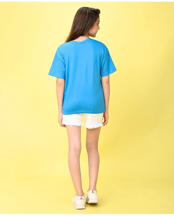 Pine Kids 100% Cotton Knit Half Sleeves T-Shirt With Floral Print & 3D Applique - Blue