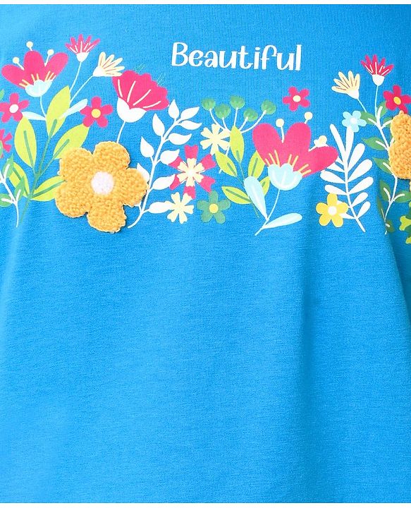 Pine Kids 100% Cotton Knit Half Sleeves T-Shirt With Floral Print & 3D Applique - Blue
