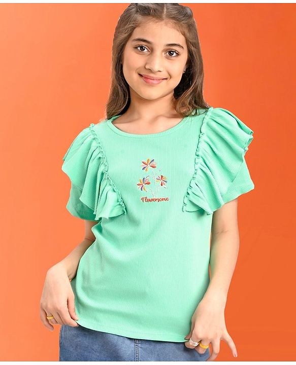 Pine Kids 100% Cotton Half Frill Sleeves Floral Embroidered Top - Blue