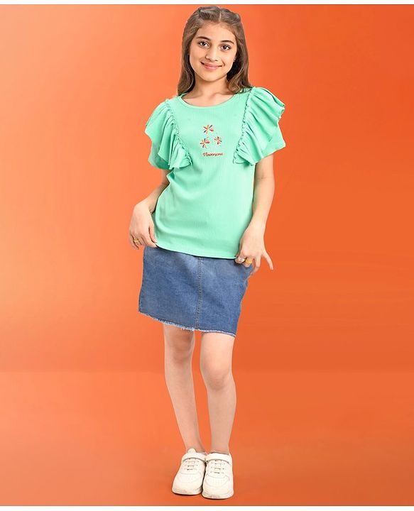Pine Kids 100% Cotton Half Frill Sleeves Floral Embroidered Top - Blue
