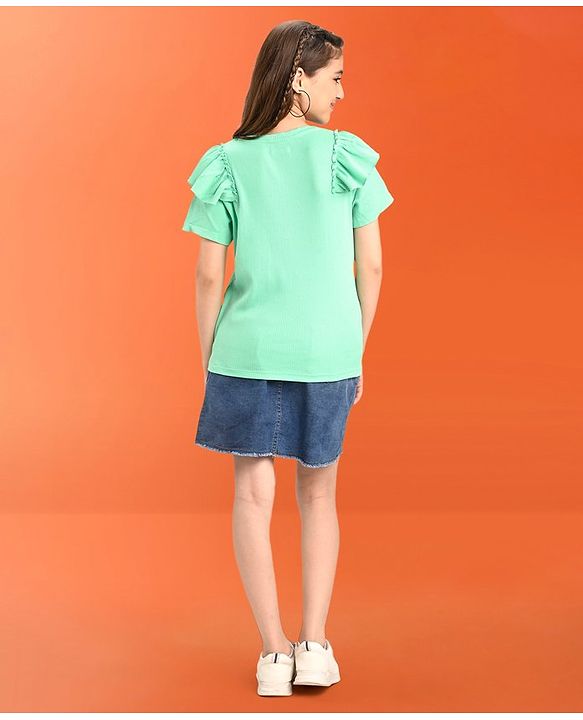 Pine Kids 100% Cotton Half Frill Sleeves Floral Embroidered Top - Blue
