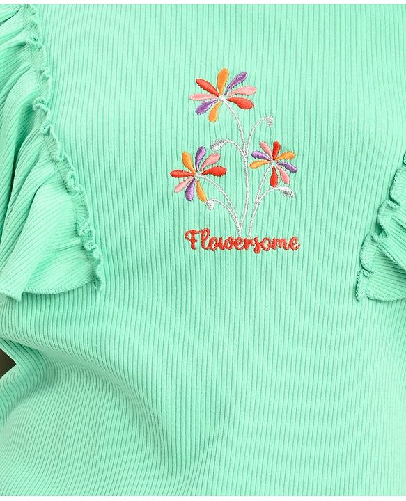 Pine Kids 100% Cotton Half Frill Sleeves Floral Embroidered Top - Blue