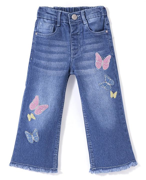 Babyhug Denim Washed Full Length Stretchable Jeans with Butterfly Embroidery -Blue