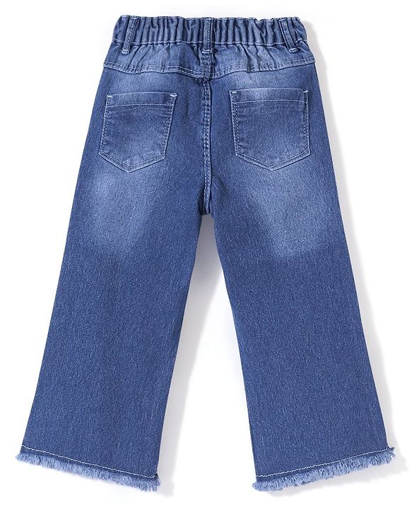 Babyhug Denim Washed Full Length Stretchable Jeans with Butterfly Embroidery -Blue