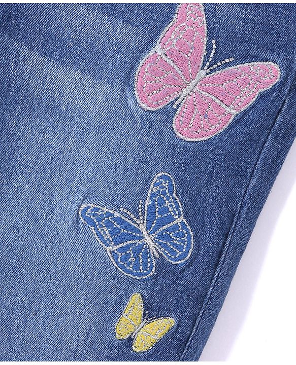 Babyhug Denim Washed Full Length Stretchable Jeans with Butterfly Embroidery -Blue