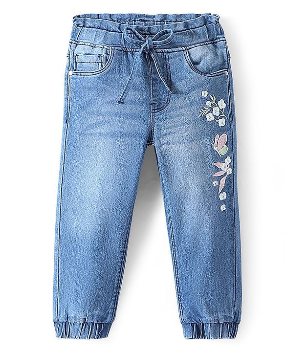 Babyhug Cotton Spandex Full Length Washed Stretchable Denim Joggers with Floral Embroidery - Blue