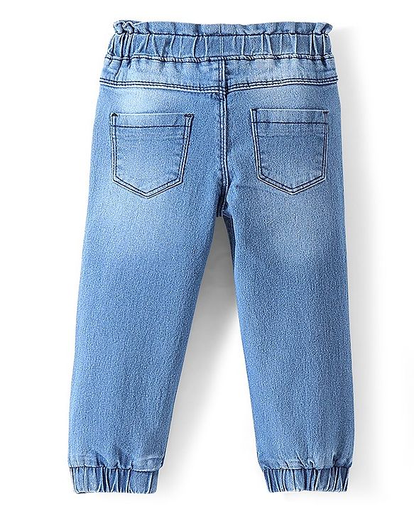 Babyhug Cotton Spandex Full Length Washed Stretchable Denim Joggers with Floral Embroidery - Blue