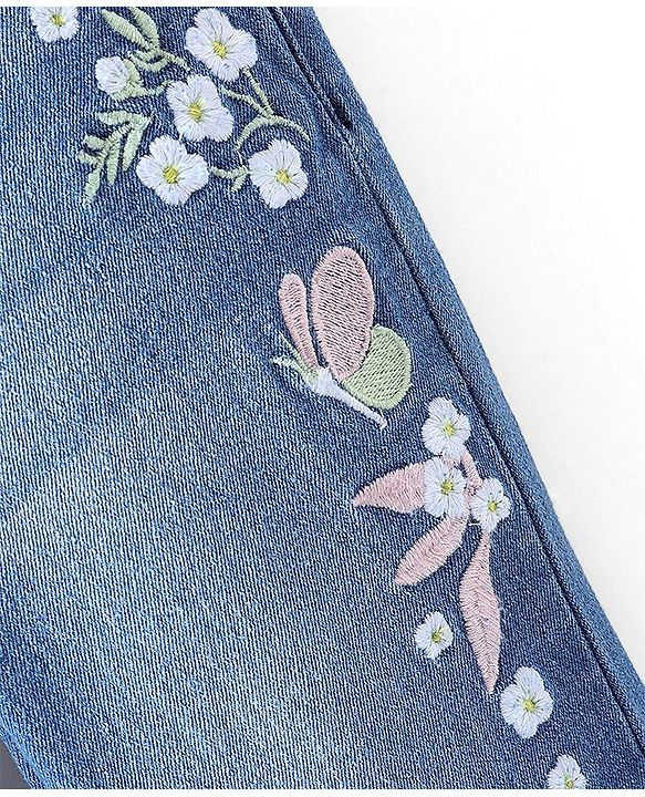 Babyhug Cotton Spandex Full Length Washed Stretchable Denim Joggers with Floral Embroidery - Blue