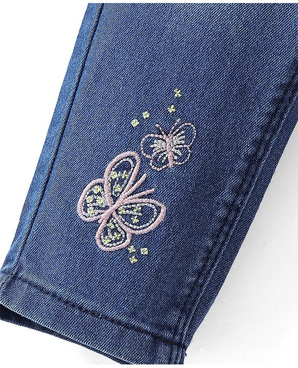 Babyhug Denim Washed Full Length Stretchable Jeans with Butterfly Embroidery -Blue