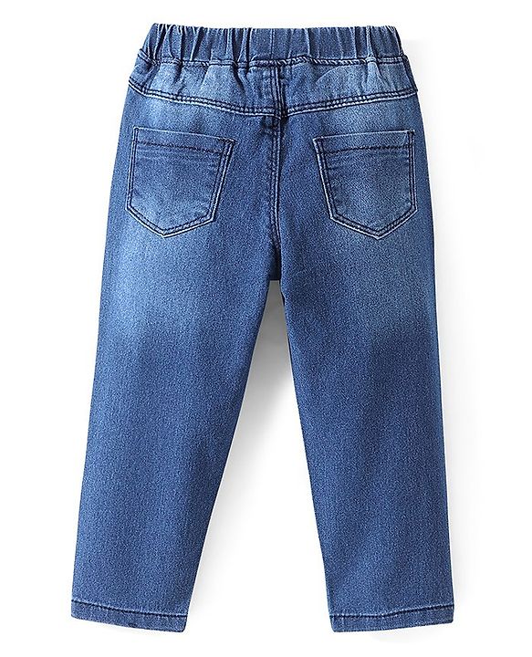Babyhug Denim Washed Full Length Stretchable Jeans with Butterfly Embroidery -Blue