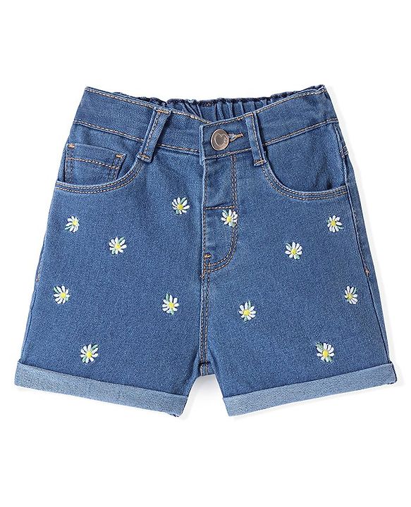 Babyhug Denim Washed Mid Thigh Length Stretchable Shorts with Floral Embroidery -Blue