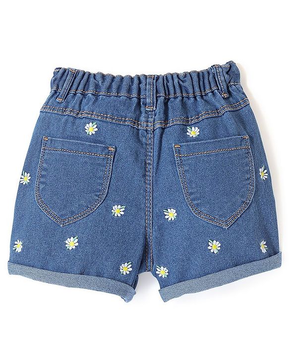 Babyhug Denim Washed Mid Thigh Length Stretchable Shorts with Floral Embroidery -Blue