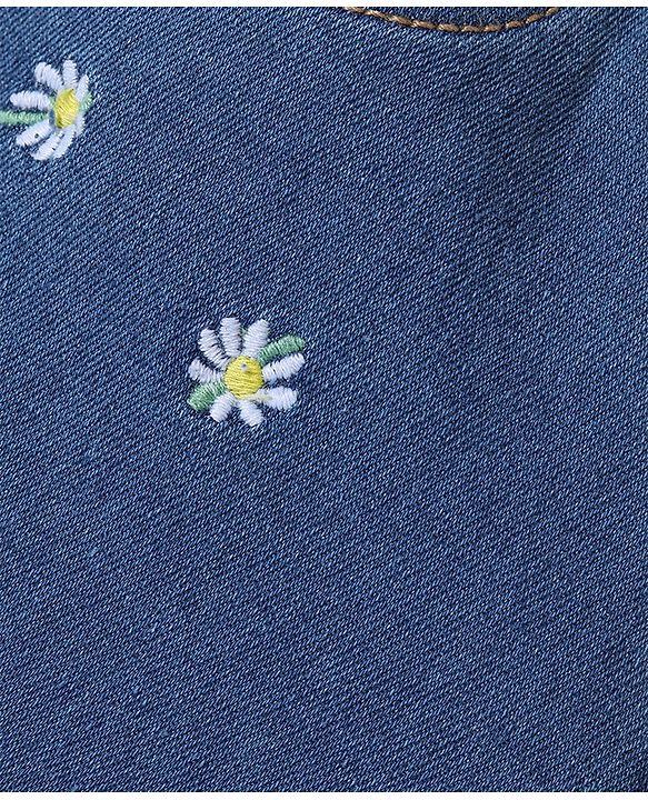 Babyhug Denim Washed Mid Thigh Length Stretchable Shorts with Floral Embroidery -Blue