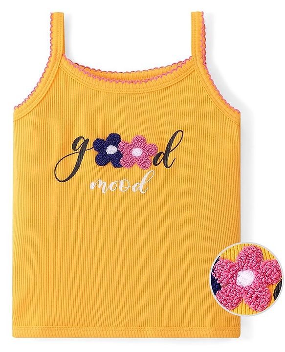Pine Kids 100% Cotton Knit Sleeveless Top With Floral Embroidery - Yellow