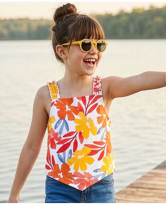 Pine Kids Cotton Knit Sleeveless Top Floral Print - Multicolor