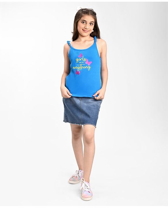 Pine Kids Cotton Sleeveless Top with Embroidered Text & Butterfly Print - Blue