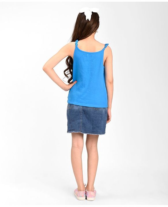 Pine Kids Cotton Sleeveless Top with Embroidered Text & Butterfly Print - Blue