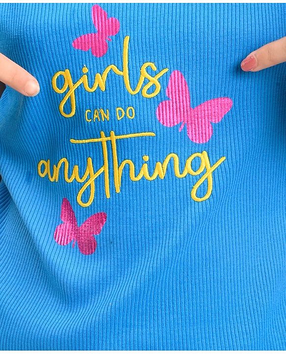 Pine Kids Cotton Sleeveless Top with Embroidered Text & Butterfly Print - Blue